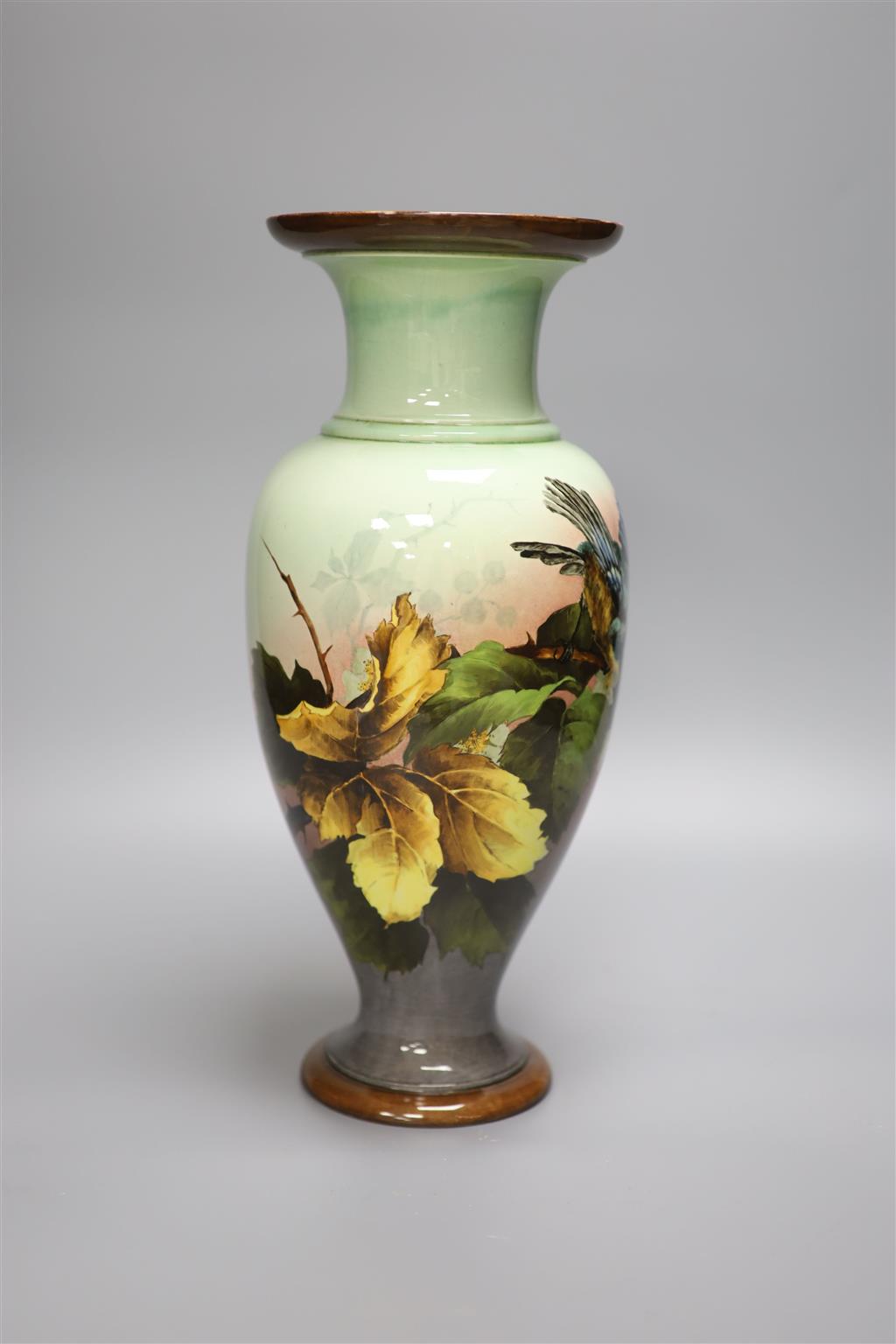 A Doulton Lambeth faience flower painted vase, 34.5cm
